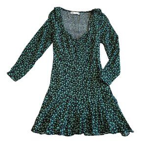 Zara Green Black Floral Print Dress Long Sleeve Mini Length Size XS Women's